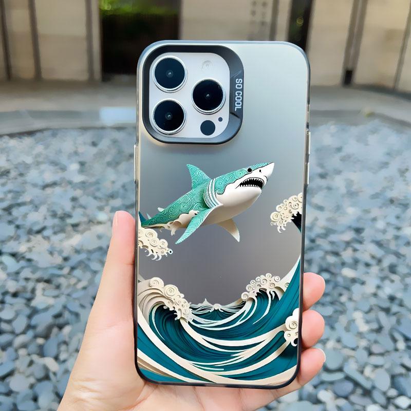 Marine Sharks Dolphins Blue Sea Waves Phone Case for iPhone 16 15 Pro Max Plus 14 13 Mini 12 11 Pro Max Shockproof Laser Covers