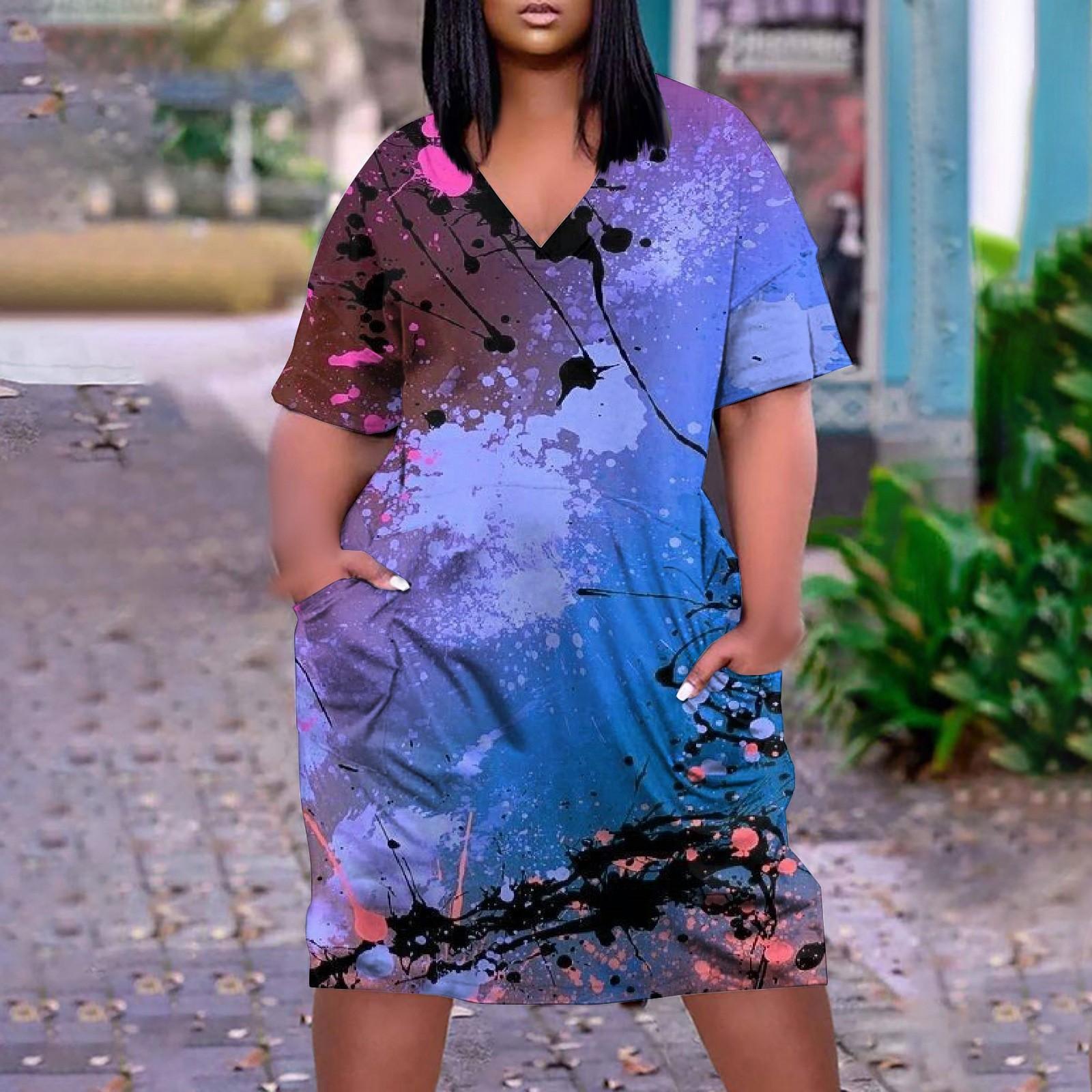 

Женское летнее повседневное платье больших размеров с v-образным вырезом и коротким рукавом с карманом до колена XXL синий
