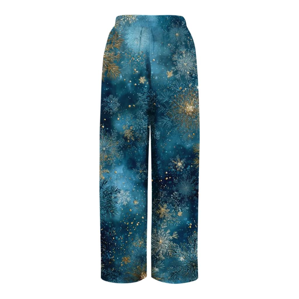 Ladies' Loose And Casual Christmas Printed Wide Leg Pants With Elastic Waistband Drawstring And Pocket Pants