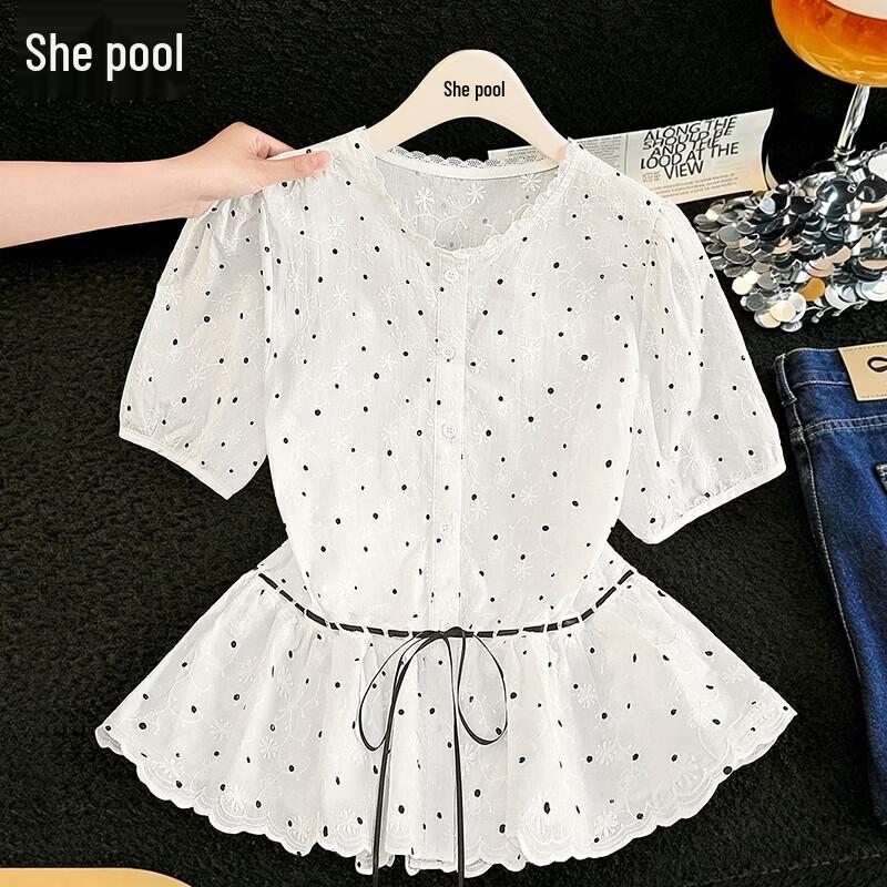 Women s French Style Polka Dot Short Sleeve Shirt One Size цвет: белый в черный горошек