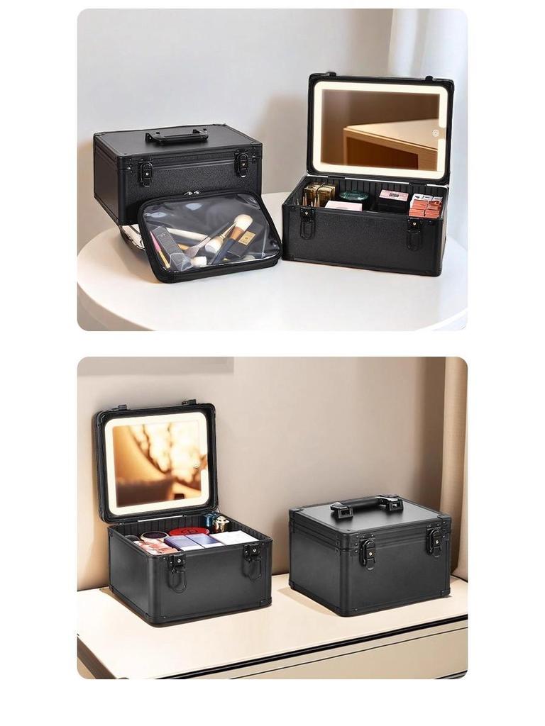 Portable Makeup Case with Mirror & Lights, Handheld Cosmetic Storage, Professional Makeup Artist's Hanging Suitcase.