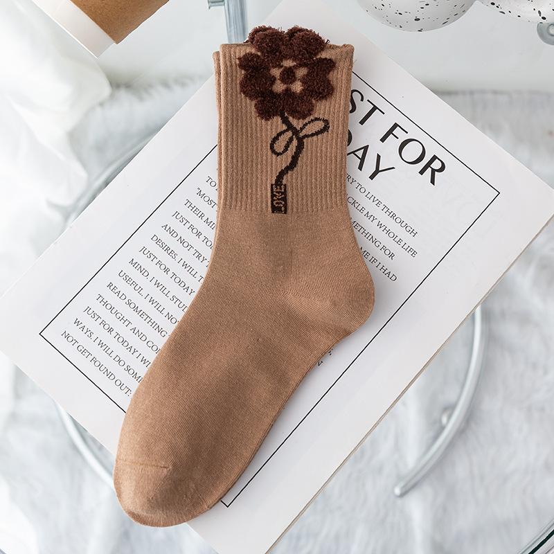 3 Pairs of Winter Warm Knit Socks for Women Men Feather Yarn Three-dimensional Bear Flower Socks Medium Tube Autumn and Winter New Combed Cotton Socks