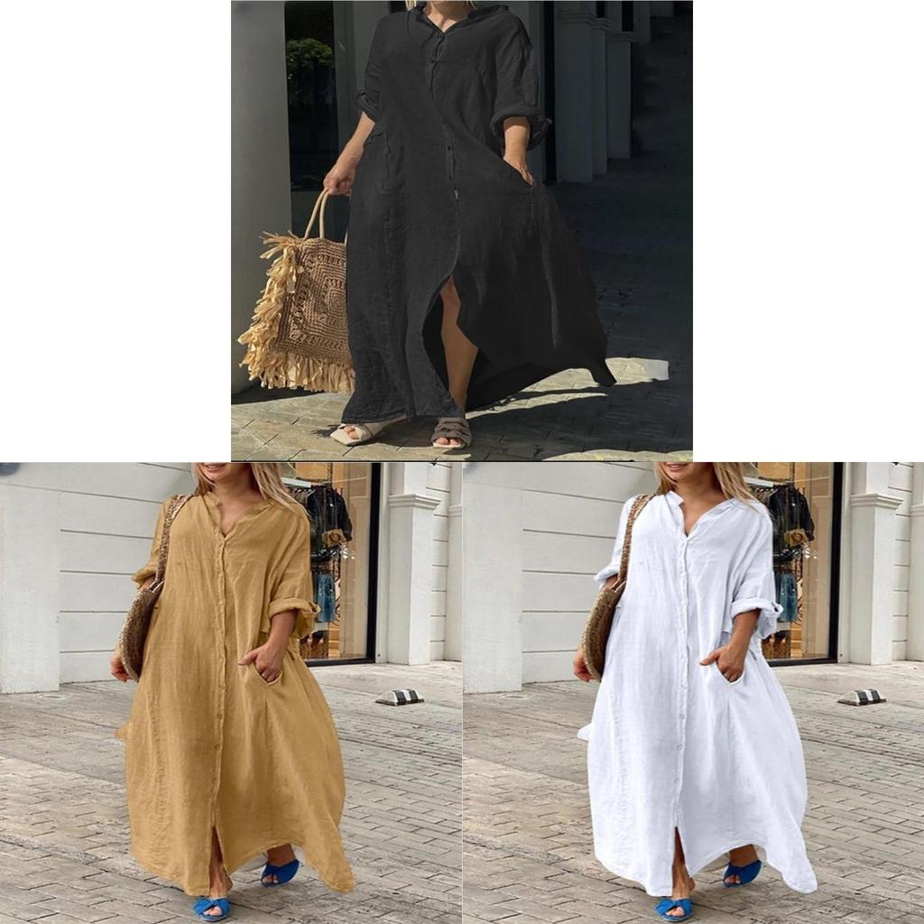 Baumwoll-Leinen-Langes Kleid Mit Stehkragen Für Lässigen Sommer Damen