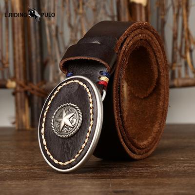 Trendy, stoere, dikke leren riem met gladde gesp, herenriem van echt leer met retro gesp