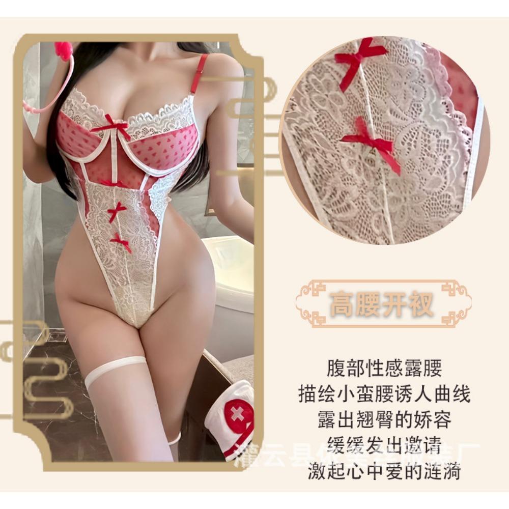 Man Desire Sexy Lingerie Pure Desire Nurse Uniform Lace Bow Heart Perspective Onesie Sexy Suit 9276
