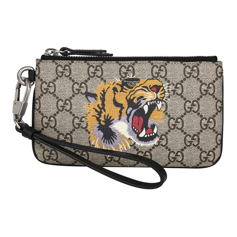 Gucci Distressed Tiger Head Print Presbyopia Logo Canvas Patch Leather Coin Purse Clutch Large Men's Ebony/Black