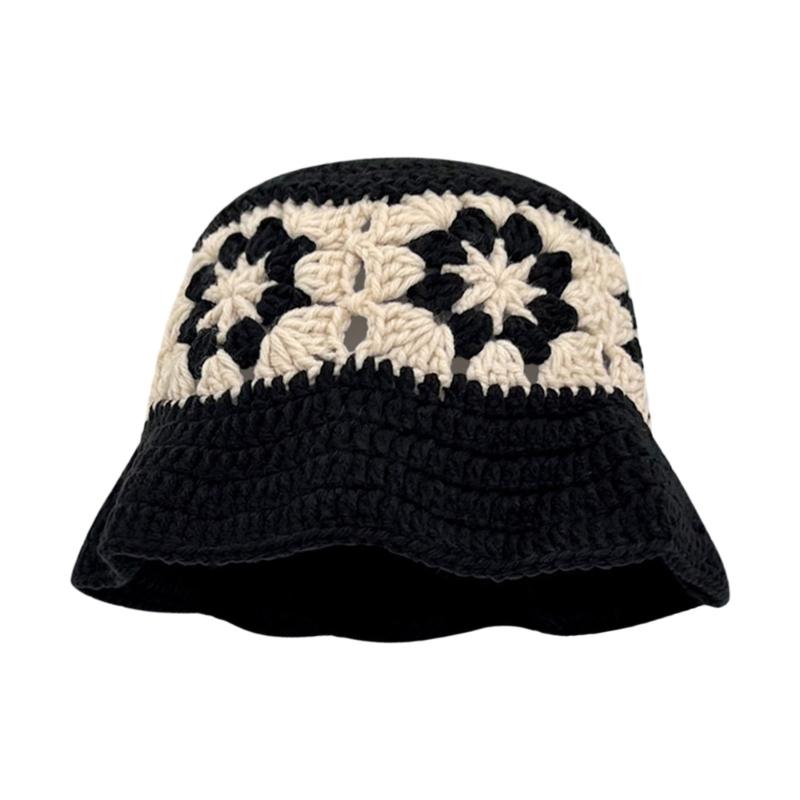 Летняя шляпа-рыбака для женщин, плетеная шляпа-ведро, вязаный цветок, кепка с широкими полями 1