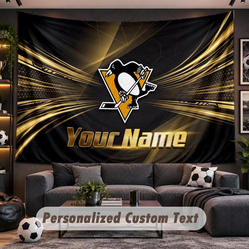 Wall Hanging Tapestry Custom NamePittsburgh Penguins Pattern Personalized Printed Fabric Wall Decor