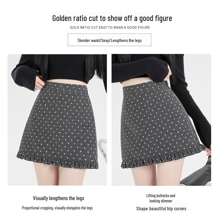 Women's Slim Fit Wool Polka Dot Ruffle Mini Skirt - High Waist, Casual Autumn/Winter A-line
