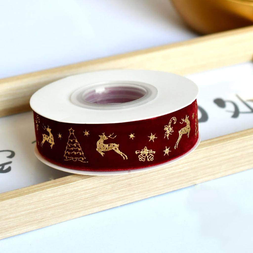 Flocked Velvet Ribbon Festive Gold Foil Printed Ribbon Christmas Velvet Ribbon Classic For Cake Packaging Wedding Event Bow