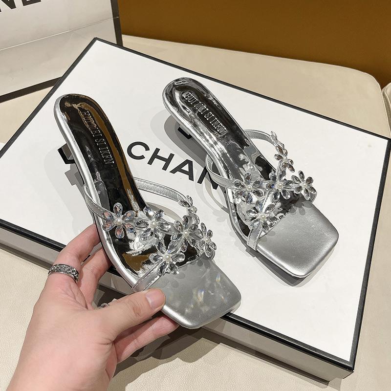

Summer New Style Silver High-heeled Shoes with Black Sandals and Slippers Luxury Rhinestones with Black Sandal for Women To Wear 35