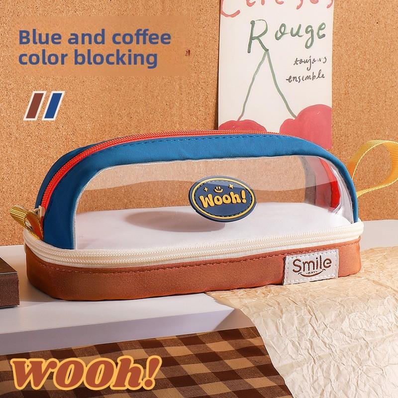 Creative Oxford Cloth Pencil Case With Transparent Color Block For Students And Office Use