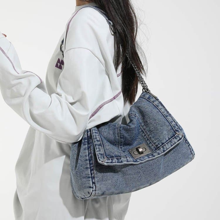 Vintage Washed Denim Chain Underarm Bag Tote Bag