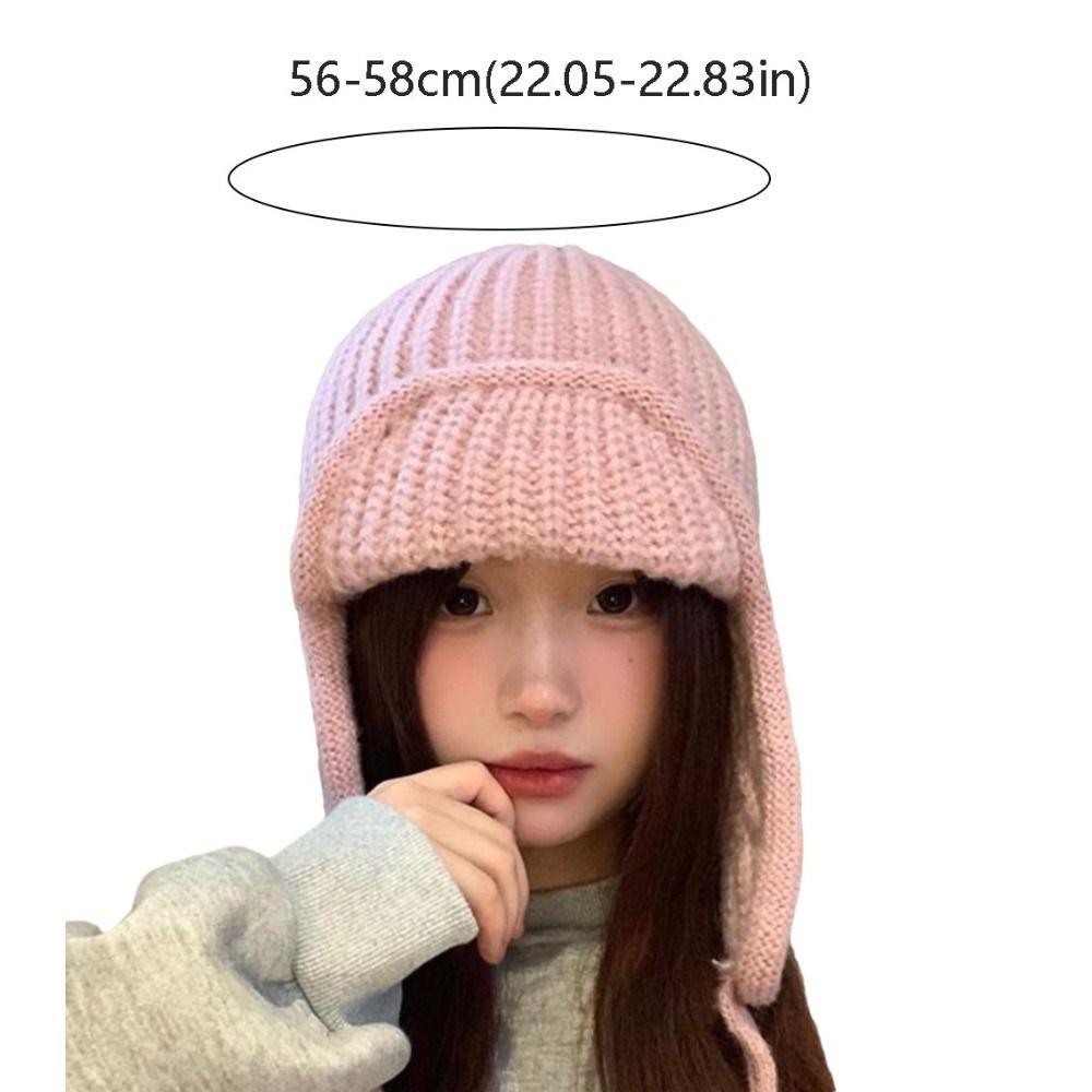 Casual Korean Style Knitted Flying Cap Solid Color Ear Protection Woolen Crochet Cap Warm Thicken Beanie Hat Autumn
