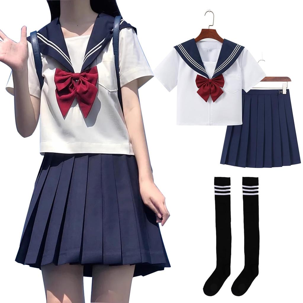 Sailor Short Kanto High School JK Authentic Uniform Skirt Ribbon Cute JK High School Navy Blue Authentic School School Cultural Photo [Socpuro]