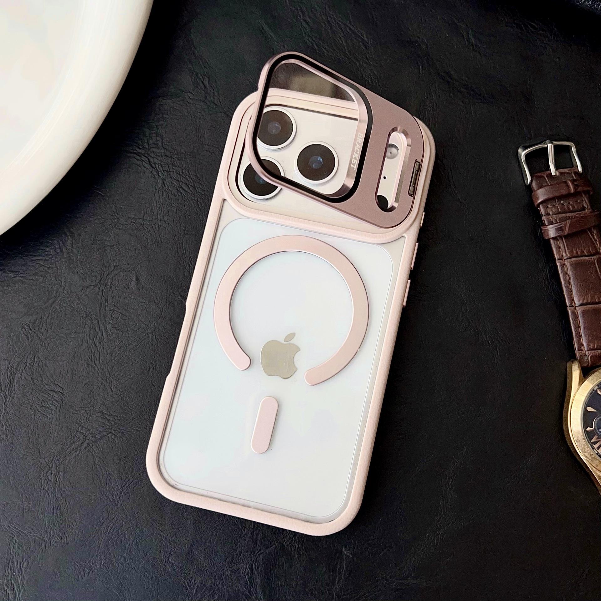 

Apple 16 Pro Max Magnetic Lens Holder iPhone 17 Leather Drop Protection Case iPhone 16 Pro рожевий