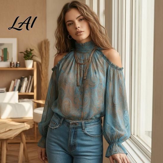 Legere Blusen Damen Herbst Cold Shoulder Shirt Vintage Ethnischer Print Hohe Damenhemden Kragenbluse Rüsche Laternenärmel Oberteil Weich
