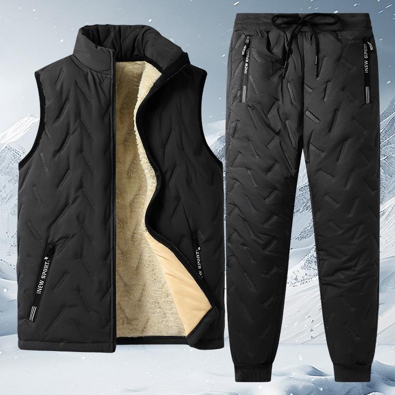 Autumn and Winter New Men's Warm Three-piece Set Stand-up Collar Lamb Wool Vest Jacket Ultrasonic Cotton Pants