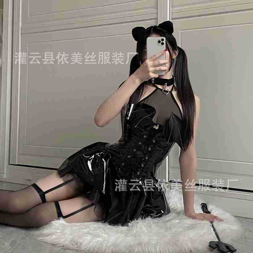 Fun women's new patent leather demon uniform suit role-playing glossy PU neck strap perspective skirt