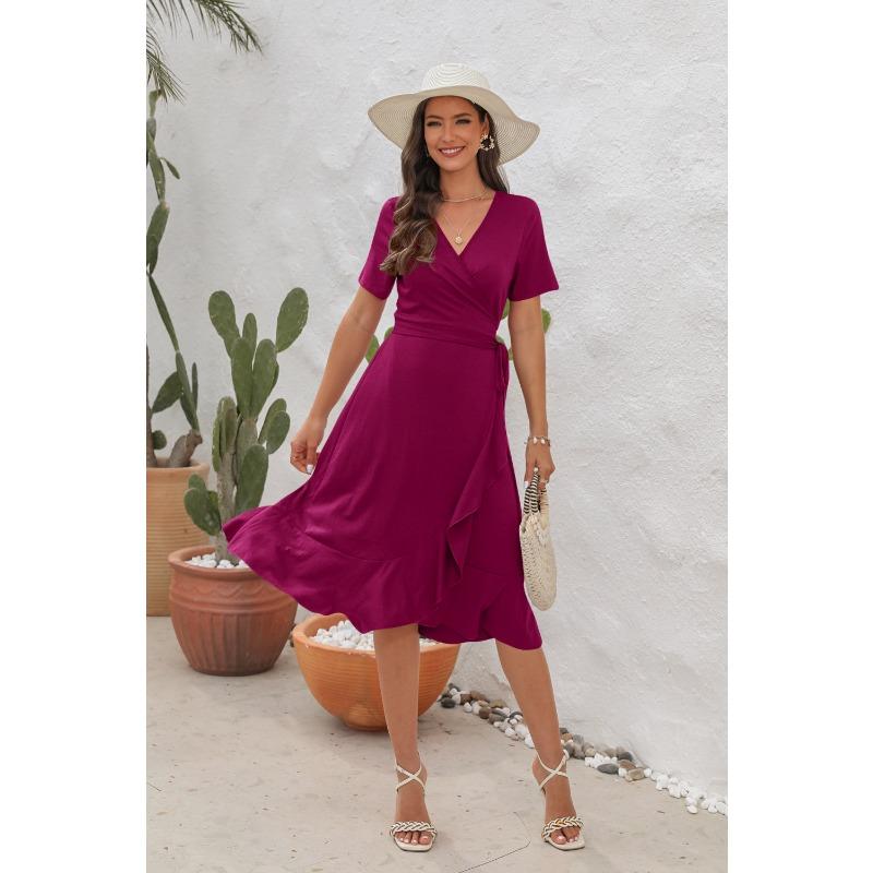 Rochie de vară pentru femei de dimensiuni plus mari, cu decolteu în V, cu talie înaltă, rochie cu cravată, culoare uni, rochie lungă cu mâneci scurte, rochii de călătorie de vacanță