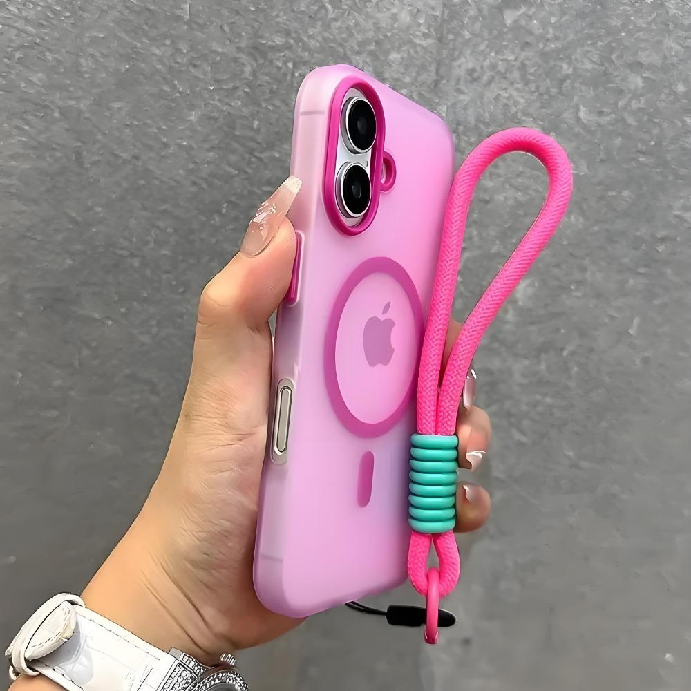 Contrast Lanyard Candy Color Case for Magsafe for iPhone 17 16 15 14 Plus 11 12 13 Pro Max 16e Hand Wrist Strap Matte Soft Cover