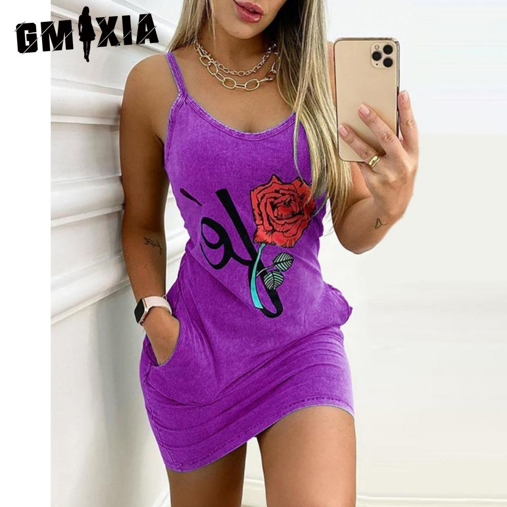 GMXIA Women Elegant Summer Floral Letter Print Denim Bodycon Mini Slim Dress Sleeveless Pocket Design