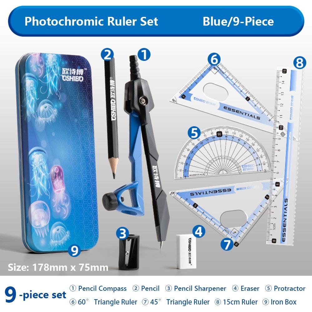 9PCS/Set Propelling Pencil Stationery Ruler Set Plastic Measuring Ruler Protractor  Students