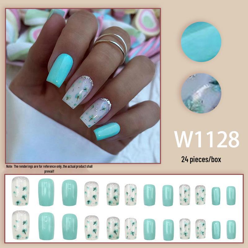 Pastel Blue Floral Mid-Length Faux Nails - Fresh Pastoral Style for Gentle European American Look