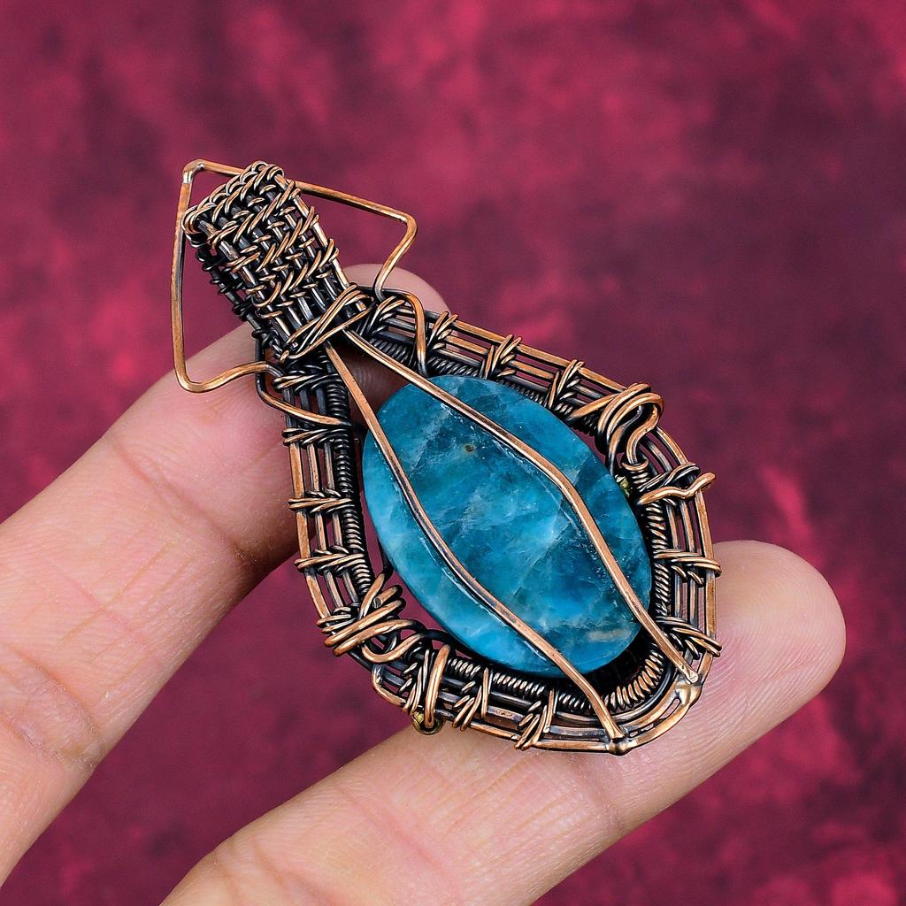 Neon Apatite Gemstone Pendant Handmade Pendant Copper Wire Wrapped Unique Jewelry