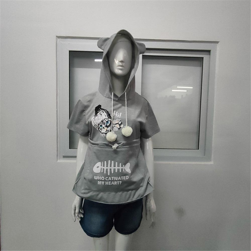 Women's summer short-sleeved large pocket cartoon printed casual drawstring hooded T-shirt
