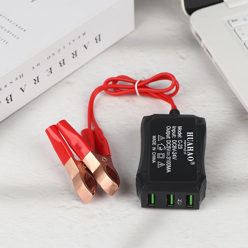 NEW 1/2Pcs 12V 24V To 5V Emergency Power USB Adapter With 3USB Ports And Battery Clip For High-Efficient Phone Charging
