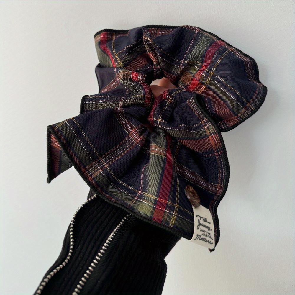 1Pc Plaid Scarf Scrunchie - British College Style, Multifunctional Button Hair Tie, Elastic Hair Rope for Low Ponytails, Hair Accessory
