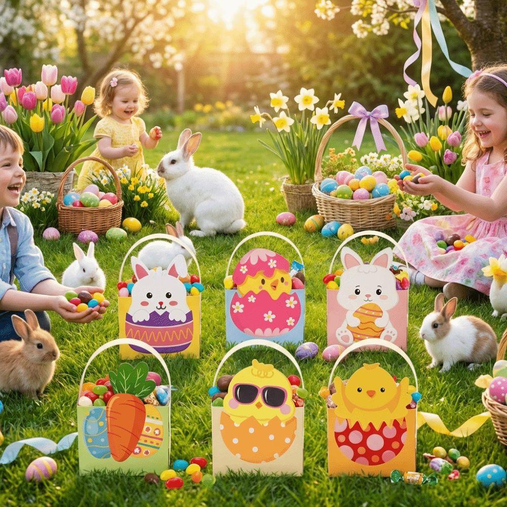 6pcs with Handle Easter Bunny Candy Boxes Egg Rabbit Carrot Candy Gift Bag  Candy Storage