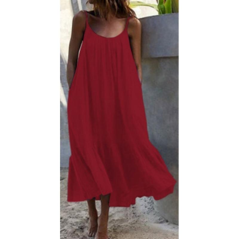 Summer Loose Ruffle Edge A-line Large Size Dress Solid Color Long Dresses Fashion Sleeveless Casual Sweet Suspender Strap Party Simple Elegant Dress