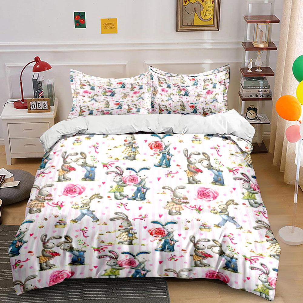 "Rabbit Themed Romantic Decor Set" Soft Skin-Friendly Bedding Set Includes 1 Duvet Cover And 2 Pillowcase Gift