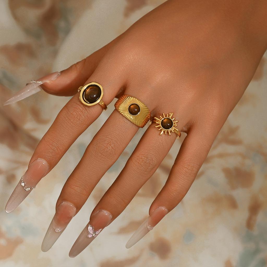 3Pcs/Set Tiger Eye Stone Ring Set Gold Color Sun Wave Open Adjustable Stackable Rings For Women Party Daily Wear