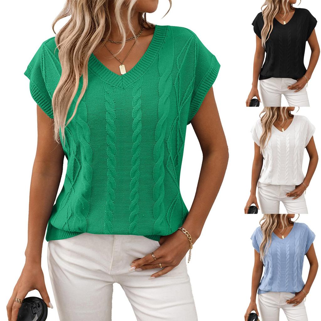 Women's Fashionable Solid Color V Neck  Short Sleeved Pullover T-shirt Top