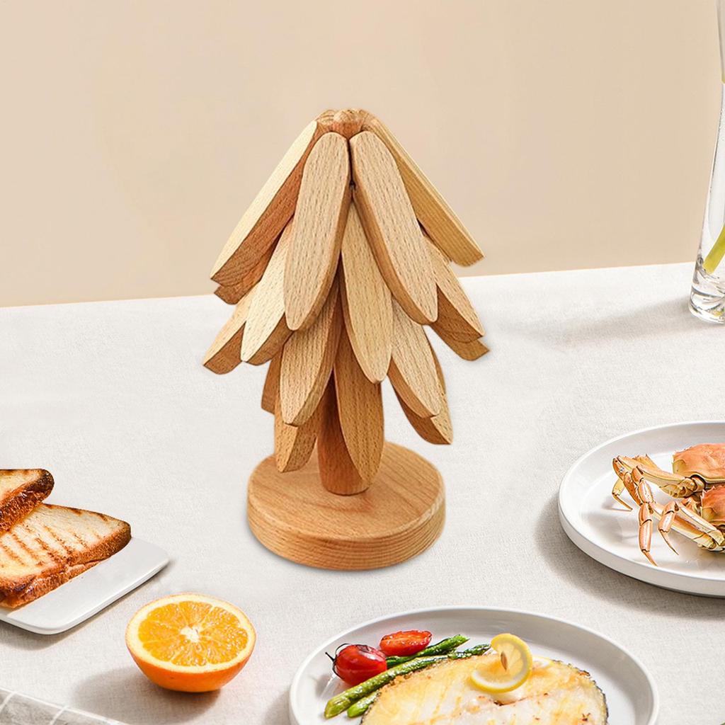 Wooden Trivet Tree Foldable Insulation Tripod Foldable Christmas Tree Shape Trivet Set For Hot Dishes Bowls Cups Drinks Teapots