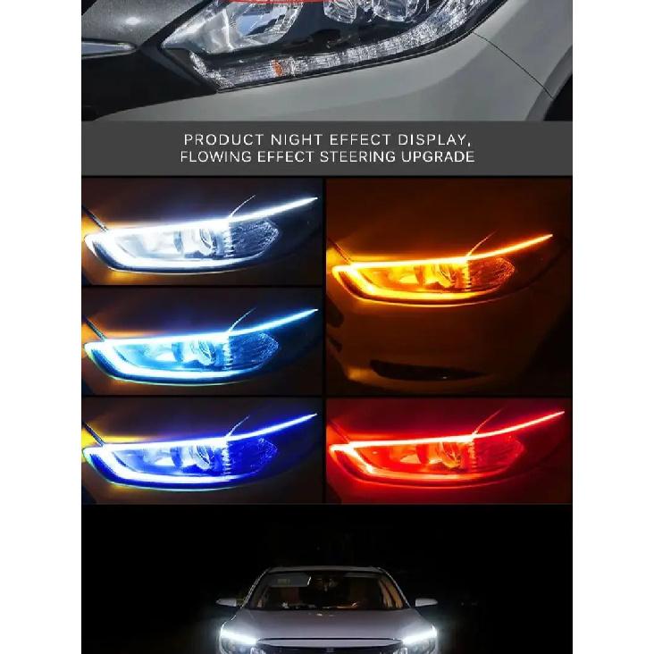 2Pcs 12v LED Car Daytime Running Light DRL Flexible Waterproof Strip Auto Headlights White Turn Signal Yellow Brake Flow Lights