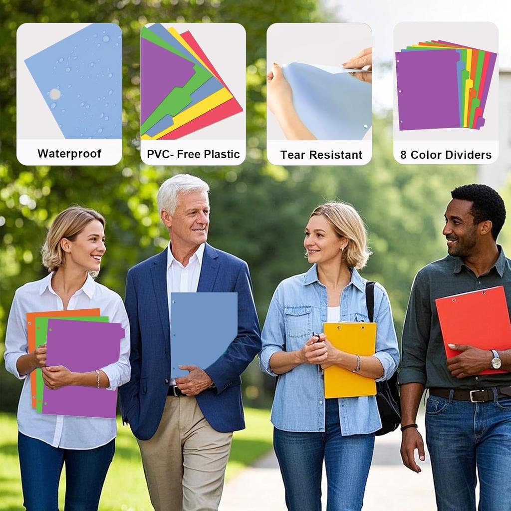 3 Ring Binder Dividers with Tabs - 8-Tab Colorful Plastic Page Dividers for Letter Size (8.5x11), izable Index Tabs, 3 Sets | Reble Rainbow Binder
