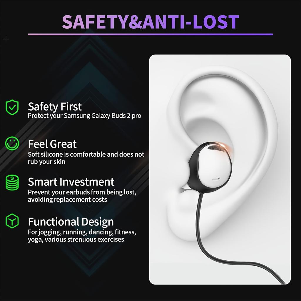 Soft Silicone Anti-Lost Strap for Galaxy Buds 2 Pro - Detachable Sports Lanyard Neck Rope in Black, White, or Purple, Secure Fit for Active Lifestyles