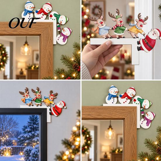 Holiday Indoor Wall Decoration Wooden Christmas Door Corner Decor, Santa Claus Reindeer/Snowman Topper Reindeer Frame Ornament for Home Decoration,
