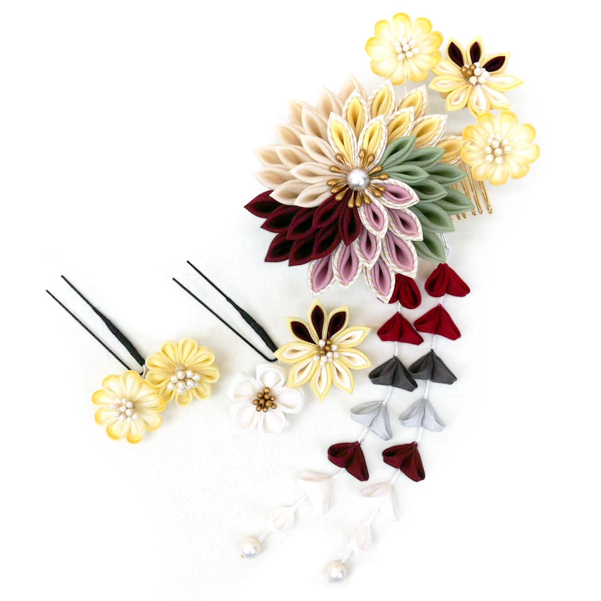 

hair accessory for furisode muted for and weddings 3-piece set, Tsumami-zaiku (hand-crafted) (long-sleeved kimono), wk-343, red, coming-of-age