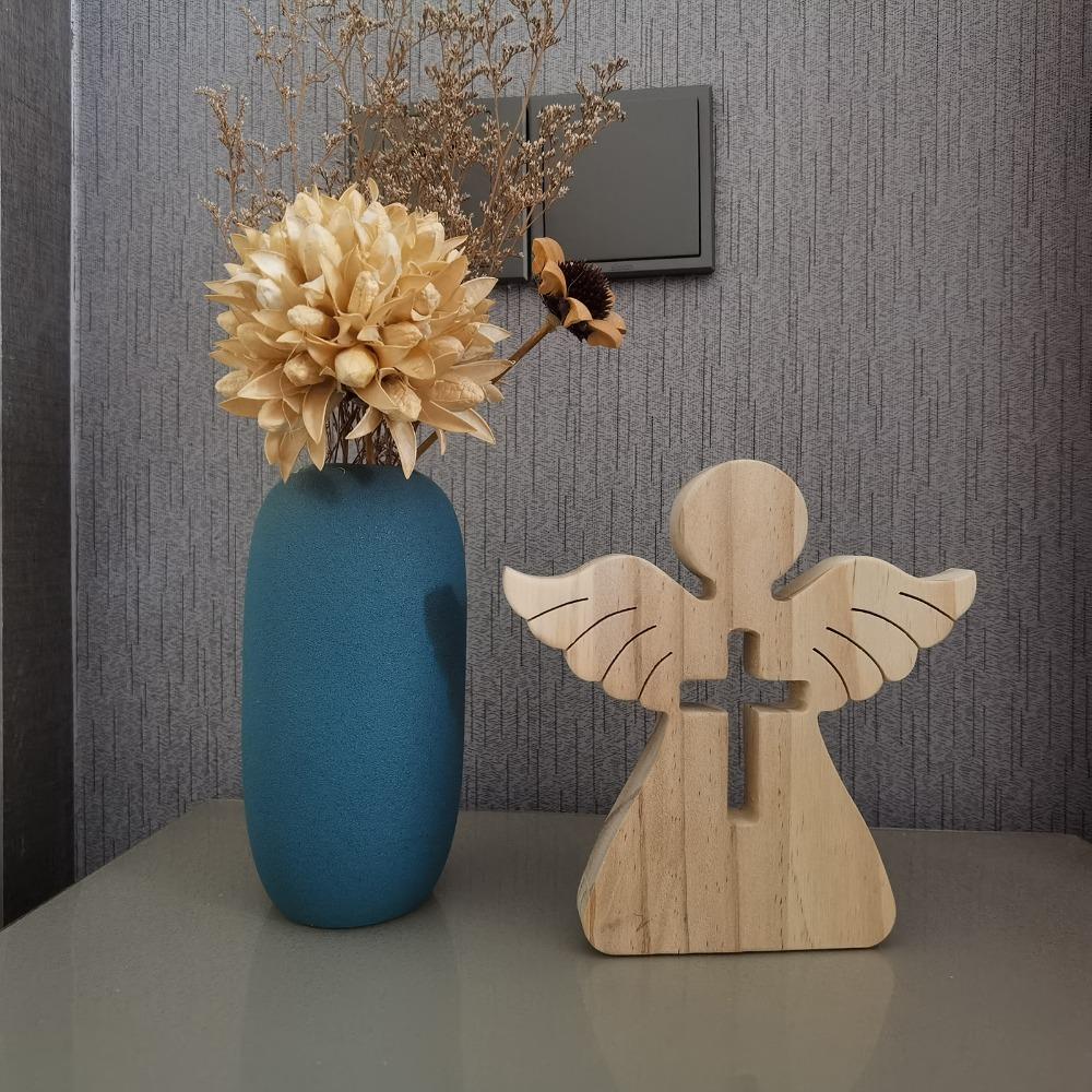 Wooden Hollow Cross Wooden Angel Tabletop Ornament Living Room Corner Shelf Display Decor