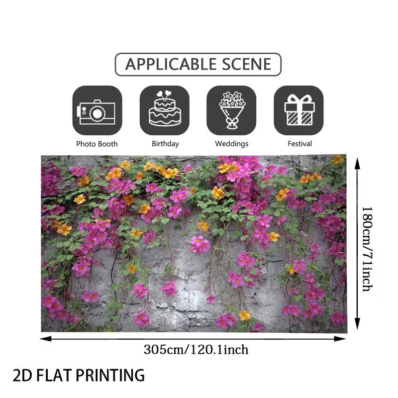 2D Rustic Stone Wall with Blooming Vines Backdrop, 10x6ft Colorful Floral Banner for Festival & Birthday