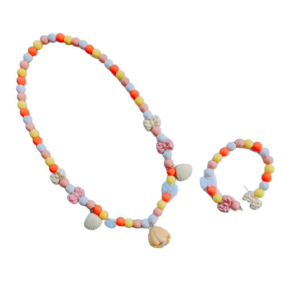 Cartoon Kids Candy Color Bead Bow Knot Necklace & Bracelet Set with Mother-of-Pearl Shell