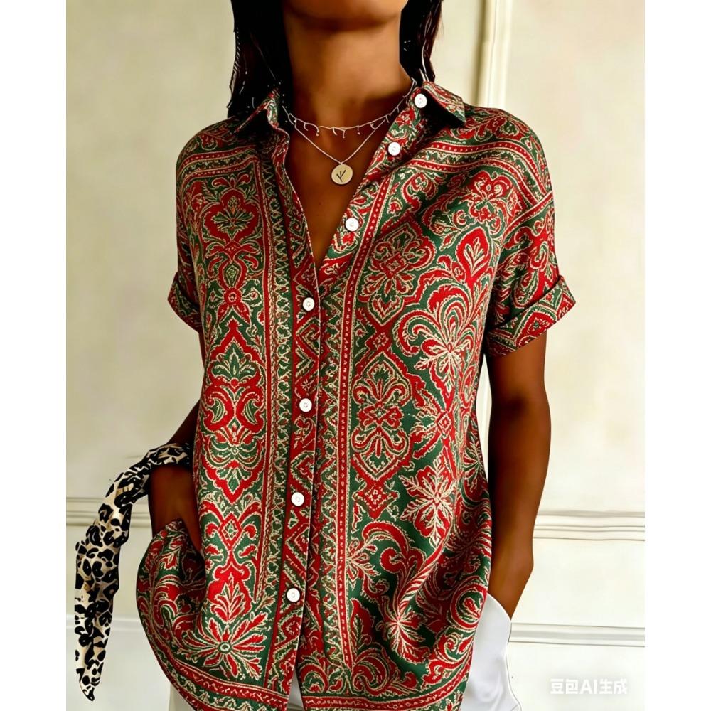 Women's Retro Geometric Striped Printed Button Short Sleeved Shirt with a Lapel Top, Summer Casual Short Sleeved Shirt