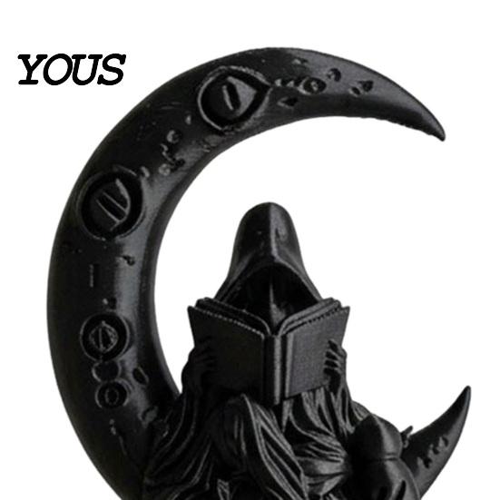 Moon Spirit Wizard Statue 3D Printed Figurine, Gothic Dark Decor Aesthetic Room Accessories with Skull Crescent Base, Halloween Tabletop Decoration