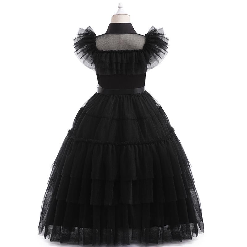 Popular Girls' Addams Family Wednesday Cosplay Dress with Puff Sleeves and Waist-Cinching Design