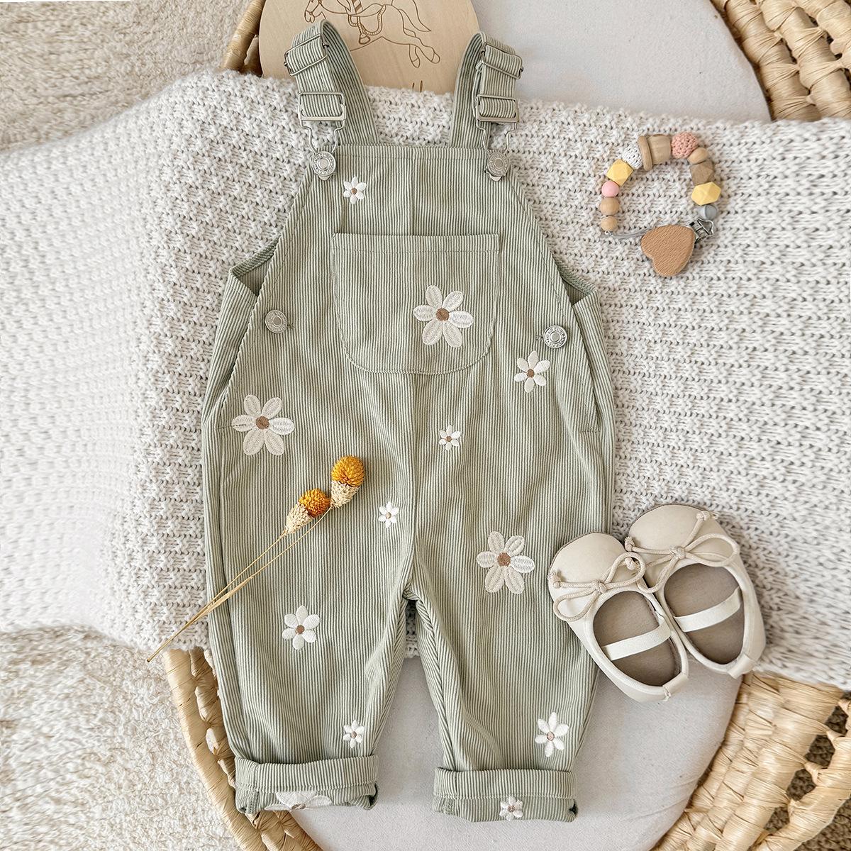 Girls Mori-Style Floral Embroidered Corduroy Overalls - Spring/Autumn Striped Baby Jumpsuit